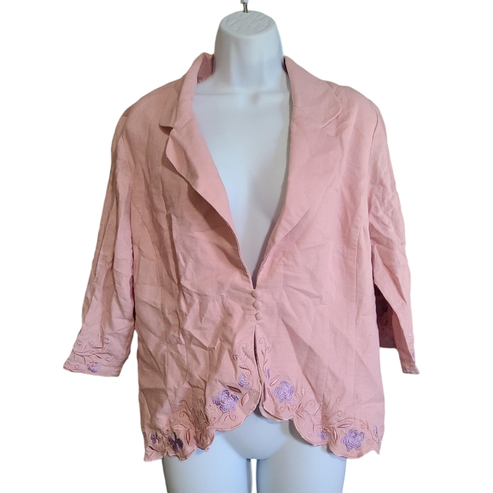 STUDIO 1 embroidered linen-blend pink blazer 16